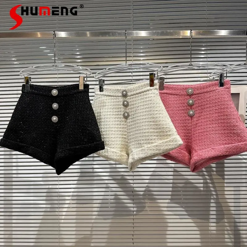 Winter New Outer Wear Socialite Pearl Buckle Tweed Flanging Shorts Women's Elegant Fashion All-matching Solid Color Short Pants