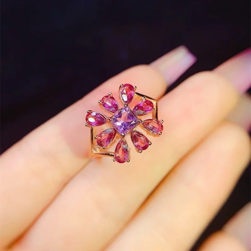 

New Natural Amethyst with Pink Topaz Ring, 925 Silver Women's Ring, Fashionable and Personalized, Gift for Friends