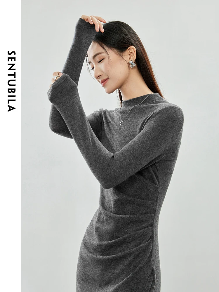 SENTUBILA Knitted Sweater Bodycon Dress for Women 2024 Spring Fashion Ruched Waist Long Sleeve Grey Slim Fit Dress 123L44013