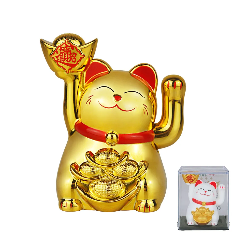 2Inch Solar Automatic Waving Lucky Cat Car Cashier Ornament Shop Feng Shui Cat Beckoning Fortune Cat Home Decor