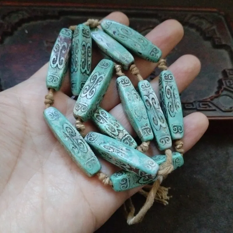 Retro Crack Cyan Long Bar Bead String Engraved Ancient Scroll Pattern Spacer Beads Simple Tribal Hand Jewelry Making Accessories