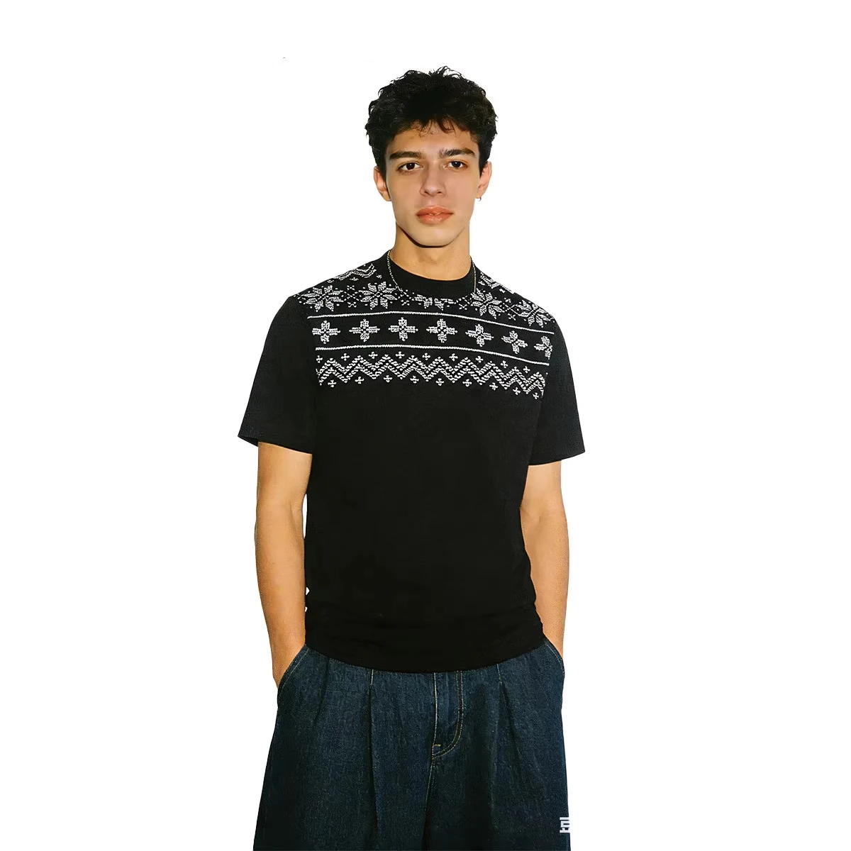 American Style Men's Summer T-shirt 320G Heavy Cotton Vintage Fair Isle Pattern T-Shirts Short Sleeve Loose Streetwear Tops Tee