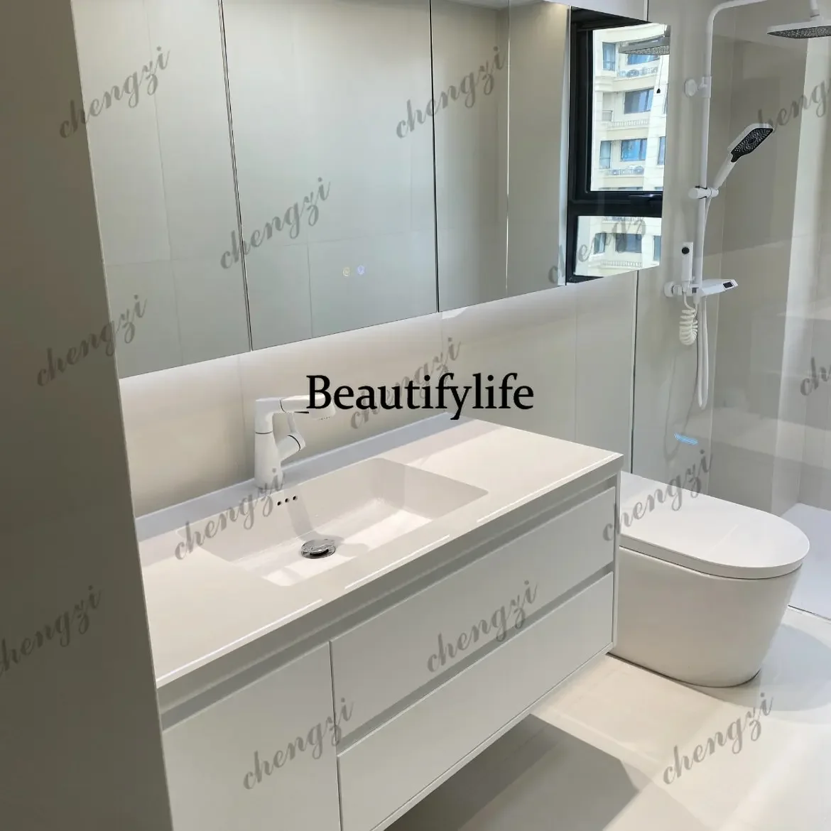p18   Cream wind solid wood double pumping toilet side cabinet ceramic integrated bathroom cabinet hand wash basin toilet