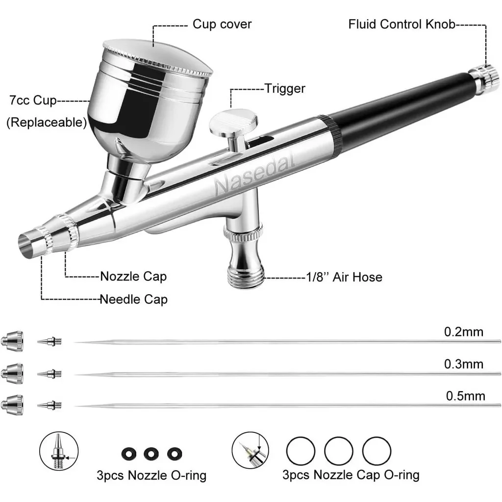 Nasedal Dual-Action Airbrush kit  0.2/0.3/0.5mm Nozzle Needle for GUNDAM Model DIY Paint Cake Tattoo Art Craft Nail Art Tool