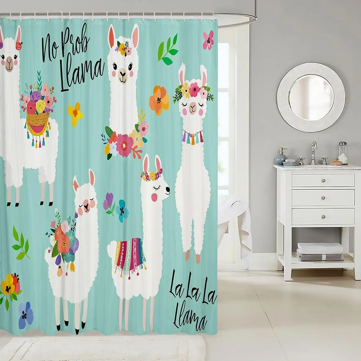 Cute Llama Floral Boho Shower Curtain Bathroom Decor Cute Rainbow Animal Print Curtain Liner Waterproof Home Accessories