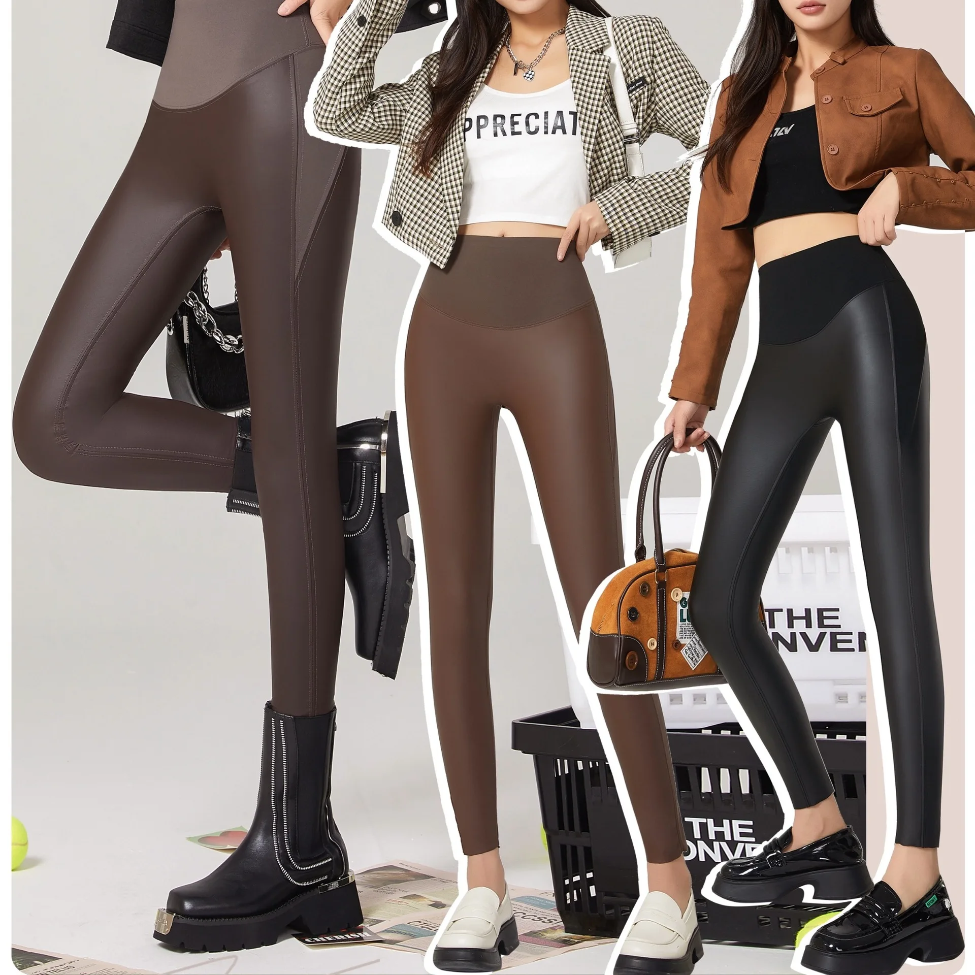 Modern Spade PU Leather Pants High Waist Tight Fit Women's Base Layer Pants Autumn Winter Thin Fleece Nine Points