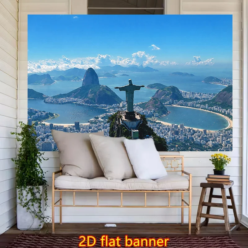 Rio de Janeiro Christ the Redeemer Panoramic Tapestry Wall Decor Art Print Brazil Tropical Travel Scene Wall Hanging Poster for