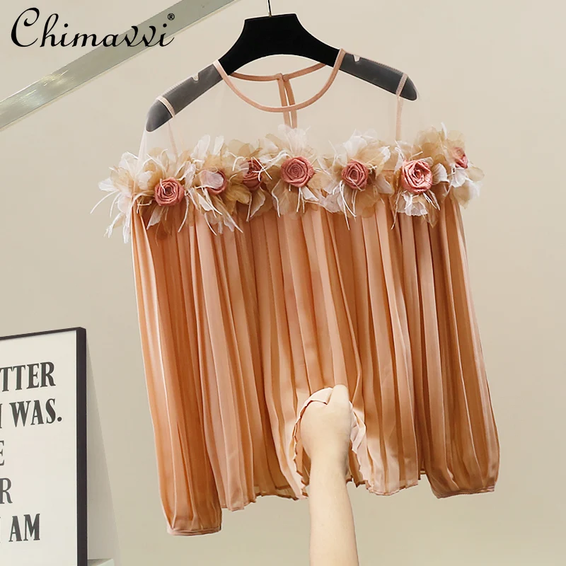 

Французский стиль, светская львица, тяжелая шифоновая блузка с 3D цветами, женская осенняя новая мода, плиссированная сетчатая лоскутная элегантная рубашка, топ