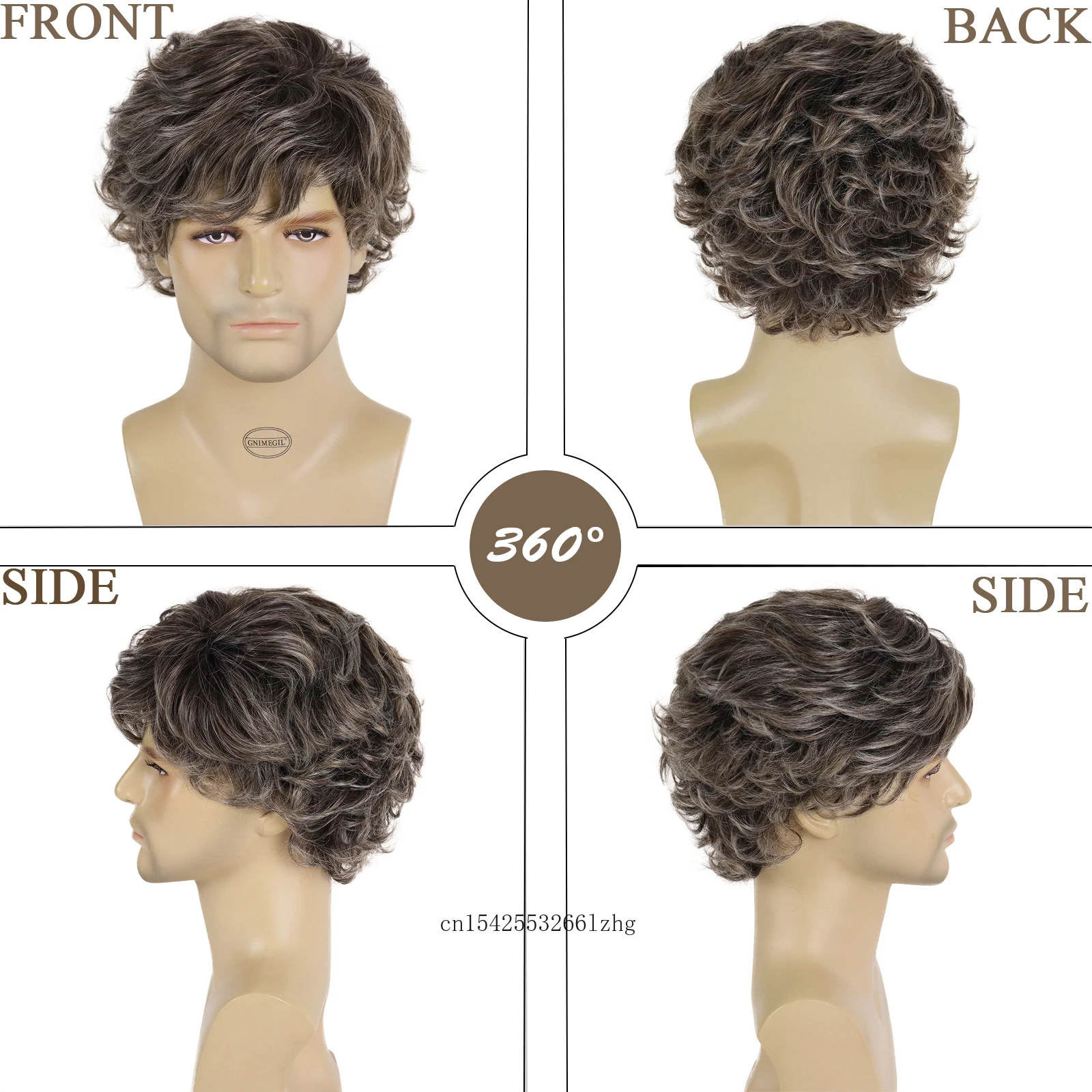 GNIMEGIL-Perruque Synthétique Courte Bouclée avec Frange pour Homme, Cheveux Bruns et Blancs Mélangés, Coiffure Perm, Cosplay Moelleux Naturel, Mode