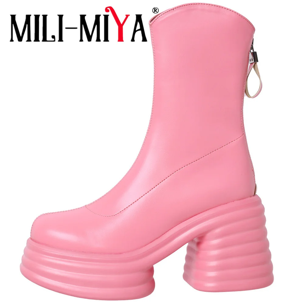 

MILI-MIYA Fashion Square Toe Women Microfiber Ankle Boots Super High Thick Heels Platform Solid Color Zippers Handmade For LadY