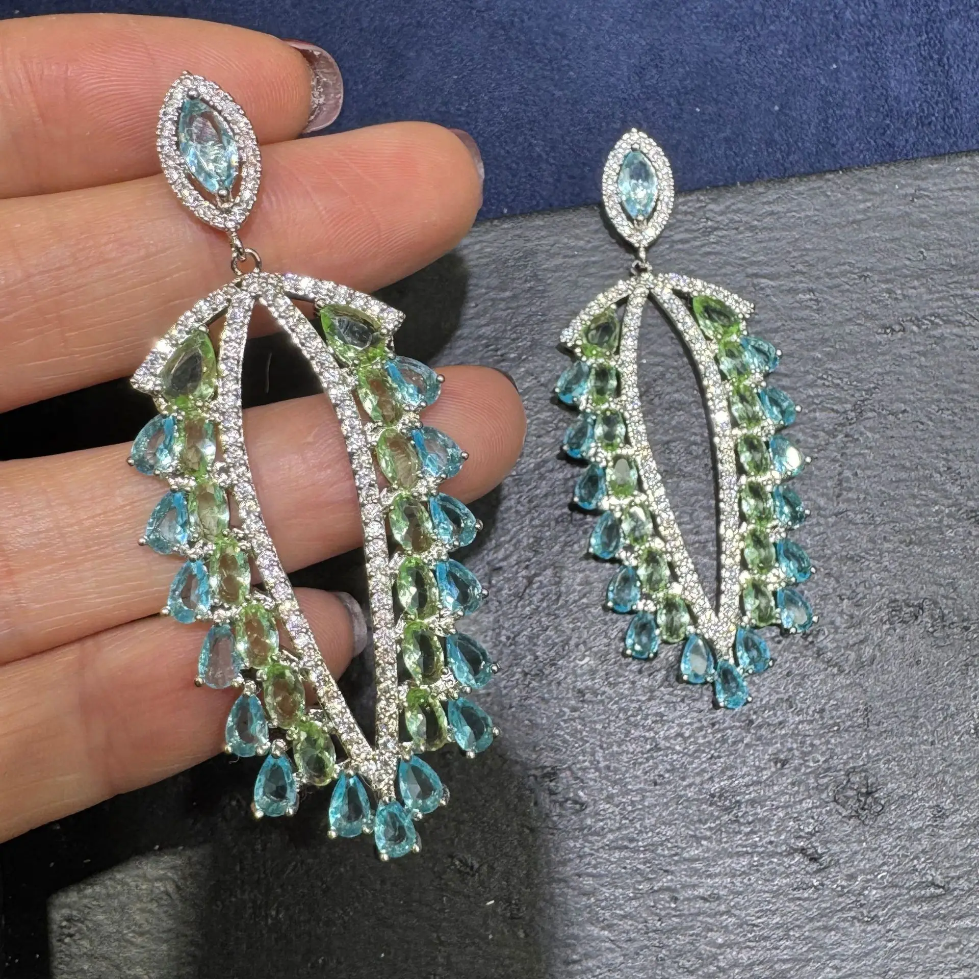 

fashion cubic zirconia earrings for women shiny jewelry silver gold color white green blue leaf plant dangling earrings unique