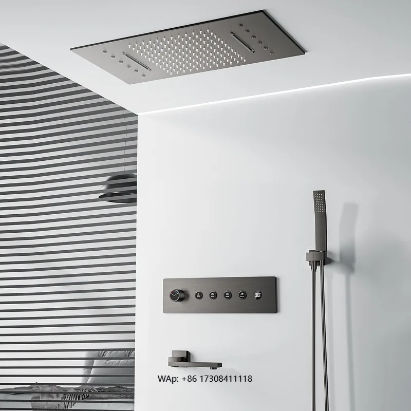 加熱式浴室 ブラックシャワーセット 4機能 レインシャワーヘッド LED天井取り付けバスタブシャワー水栓システム
