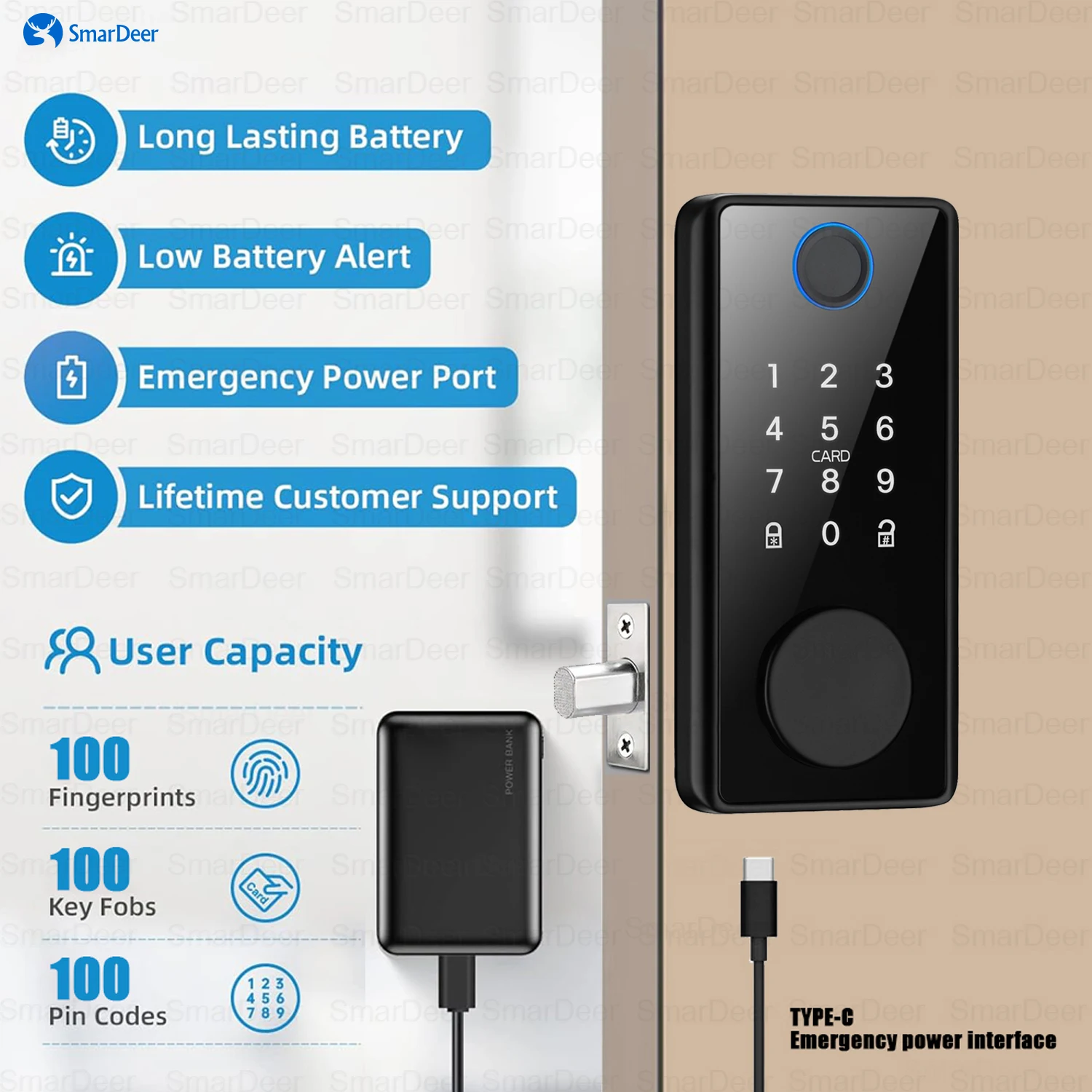 SmarDeer Electronic Door Lock for Tuya Smart Lock Deadbolt Intelligent Lock Fingerprint Keyless entry For Home Office Apartment