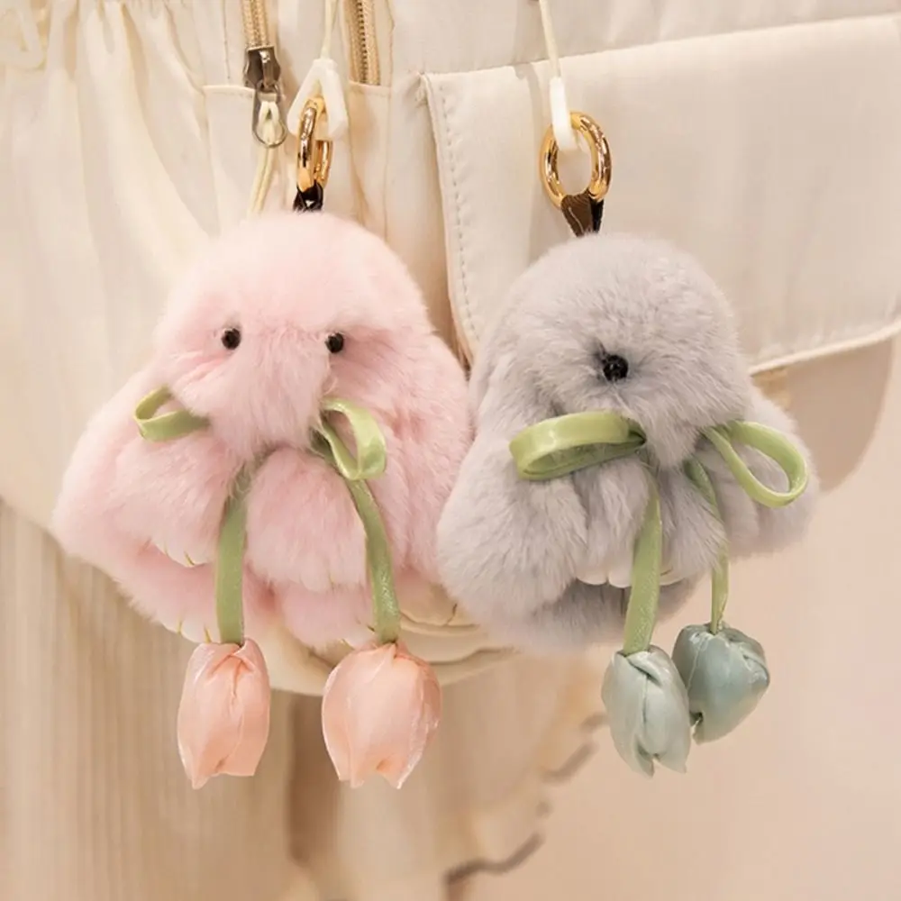Bag Charm PP Cotton Tulip Rabbit Keychain Cute Cartoon Plush Doll Pendant Key Ring Kawaii Cartoon Bunny Keyring Gift