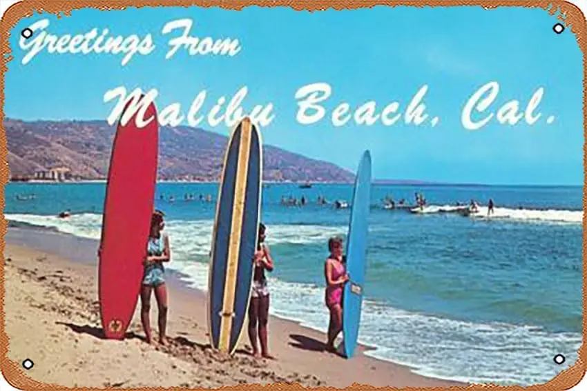 Metal Tin Sign  - Greetings from Malibu Beach, California, Surfers - Poster Metal Plaque Cafe, Bar, Home Wall Decor-aluminum