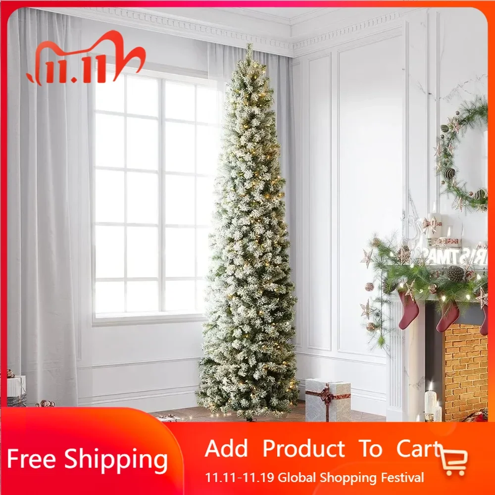 

9 Foot Flocked Artificial Christmas Tree, with 450 Clear Lights, Outdoor for Festive Holiday Decor,Hinged Snowy Slim Xmas Tree