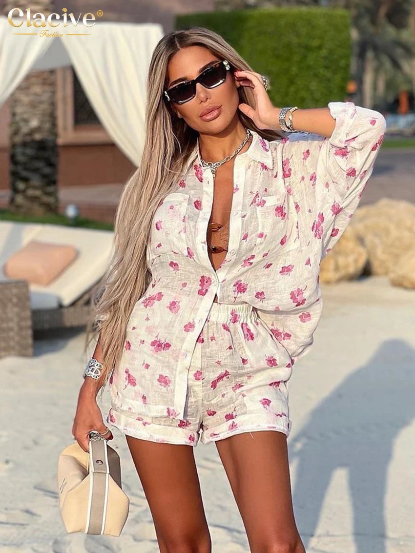 Clacive Fashion Loose Print 2 Piece Sets Women Outfit 2024 Elegant Long Sleeve Shirt With High Waist Shorts Set Streetwear