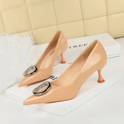 BIGTREE Shoes Rhinestone Studded Evening Pumps for Women's Party Outfits Metal Buckle Pointed Toe Women's Patent Leather Pumps