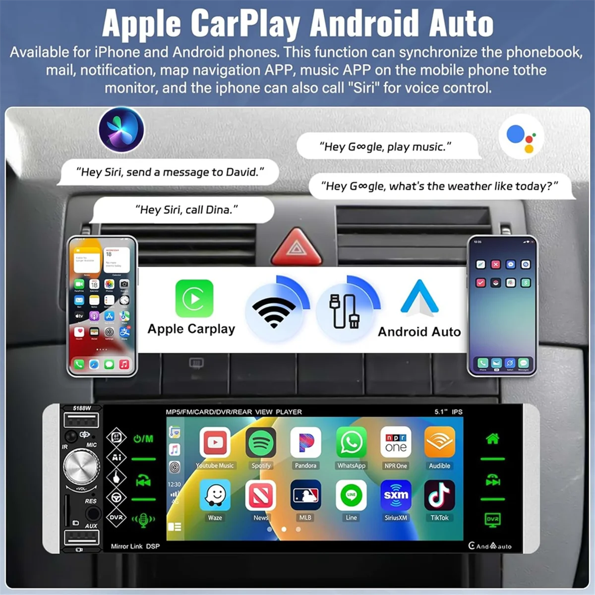 JAS-Single Din Touchscreen Car Stereo Wireless CarPlay Android Auto, 5.1 Inch Car Radio Bluetooth FM SWC USB Backup Camera