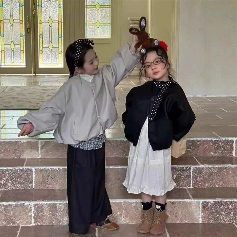 

Кожаная куртка для девочек, детская модная верхняя одежда, весеннее новое повседневное пальто, осенние тонкие топы, детская однотонная одежда с длинными рукавами