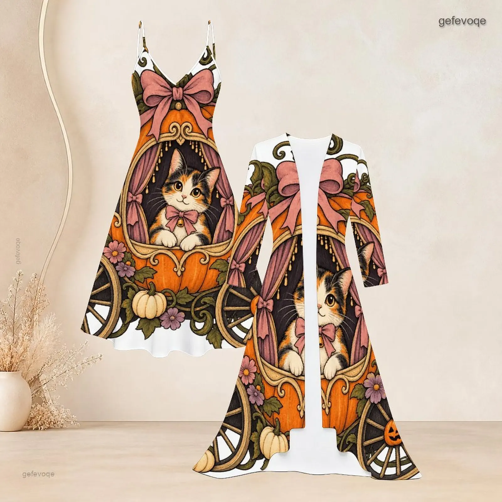 Women Cartoon Barista Ghost Pumpkin Coffee Printed 2 Piece Set, Strappy Flared Dress and Long Open Front Cardigan