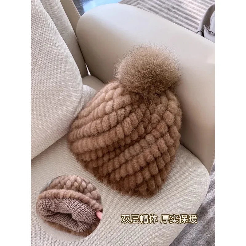 Haute Couture Mink Hair Knitted Gloves/Hat Two-piece Set Handmade Textured Pearl Mink Gloves Hat