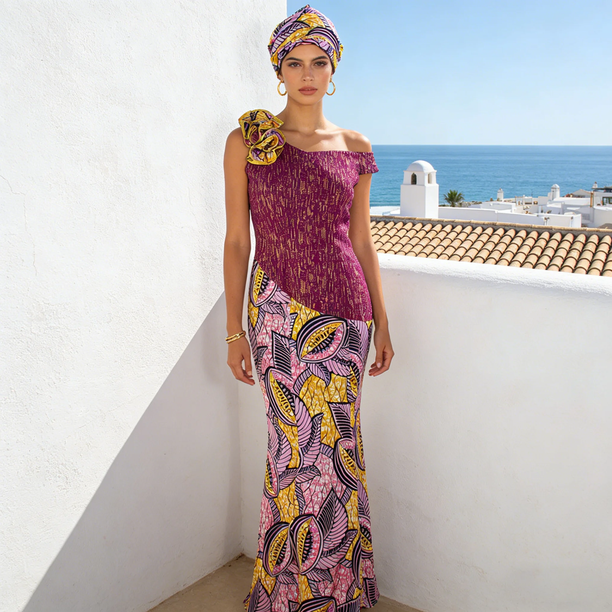 Ankara Fashion Women Dress Luxury Sexy Slanted Shoulder Flower Gown Match Headscarf African Traditional Wedding Party 2525159
