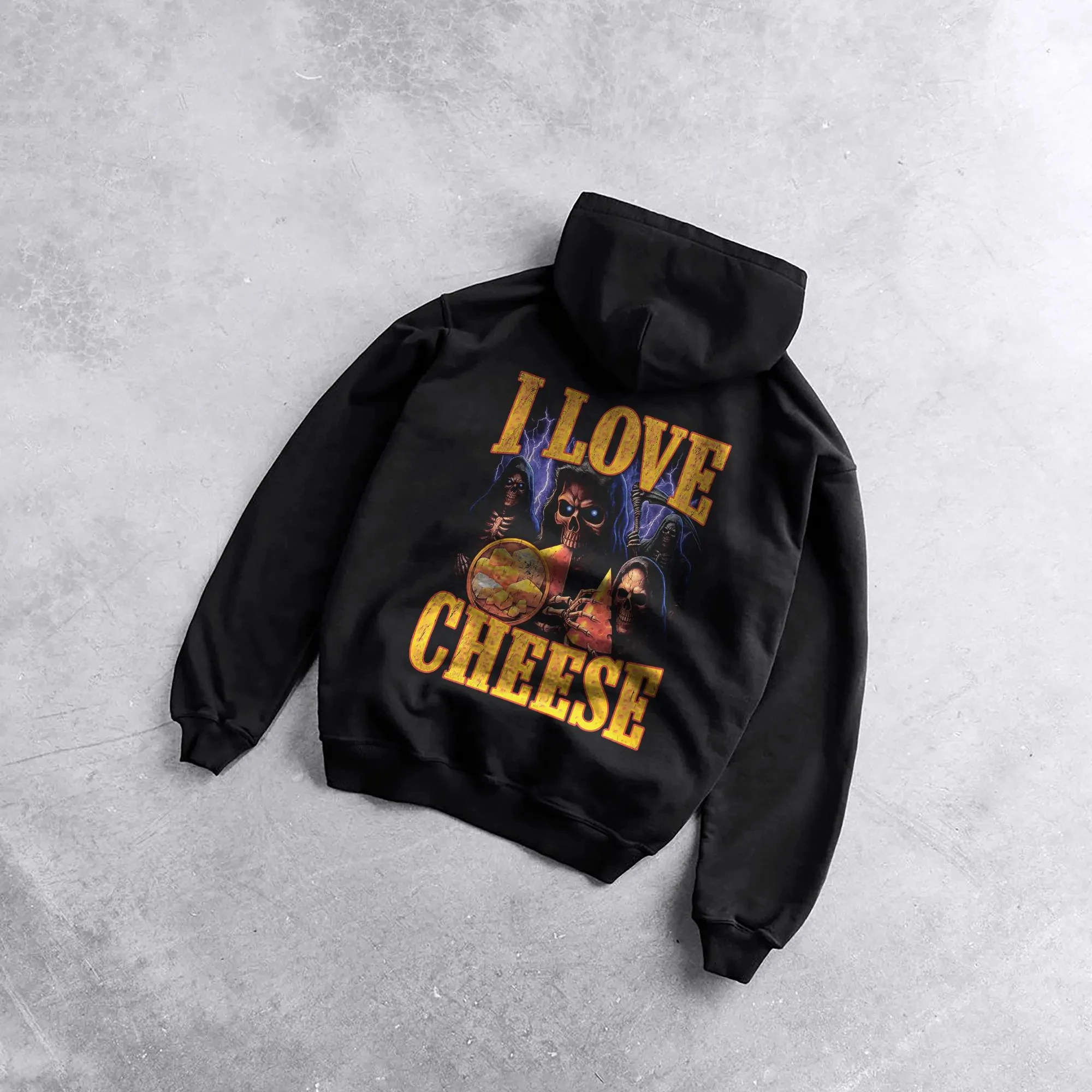 Skeleton Cheese Graphic Hoodie: Funny Gothic Meme Sweatshirt