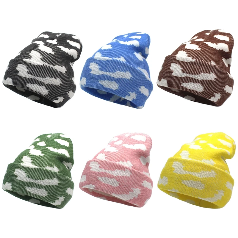 Blue White Cloud Knitted Hat Womens Beanie Winter Warm Skullies Cap for Men Black Coffee Yellow Pink Green