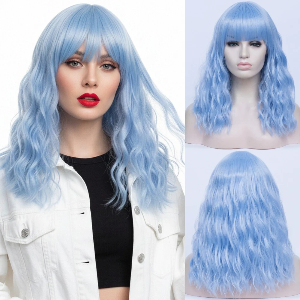 

Синтетический парик Ombre синего цвета, короткий волнистый с челкой, термостойкий для женщин, косплей, повседневная вечеринка