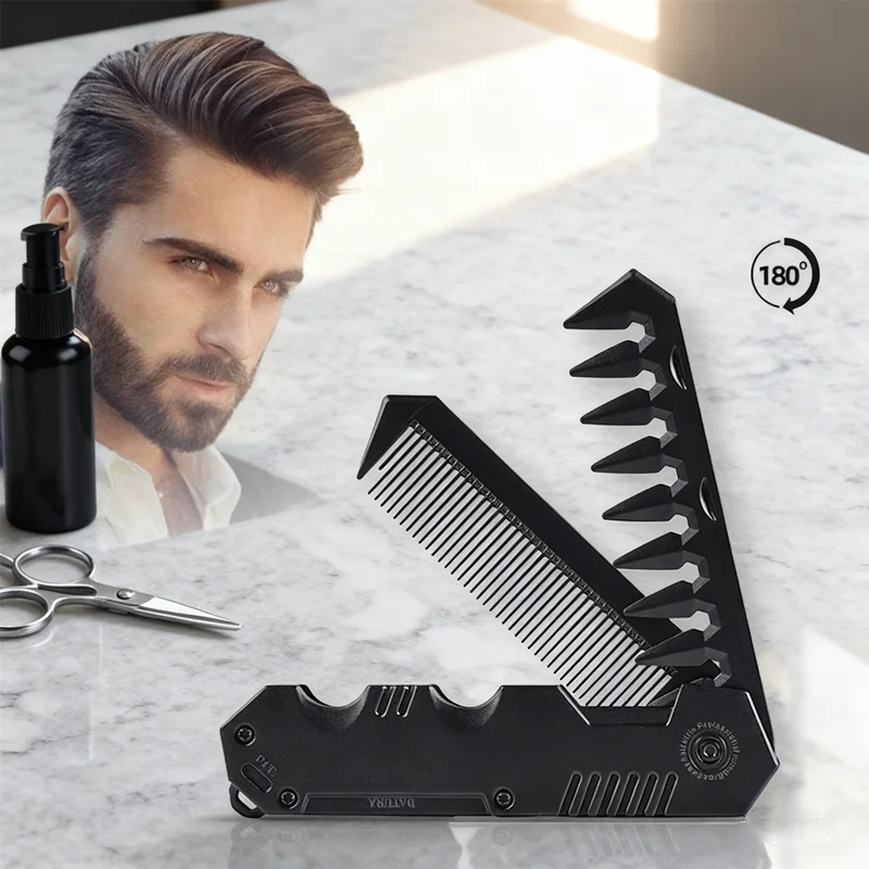 

2025 NEW Men's Grooming Comb 2-in-1, Portable Folding Wide Tooth Design, Barber Grade Plastic Comb for Hair & Beard Styling
