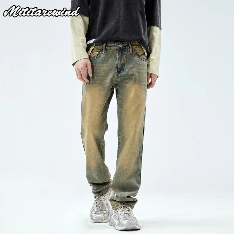 Hip Hop Streetwear Distressed Jeans For Men Fashion Yellow Vintage Straight Denim Pants Men Casual Loose Y2k Loose Trousers