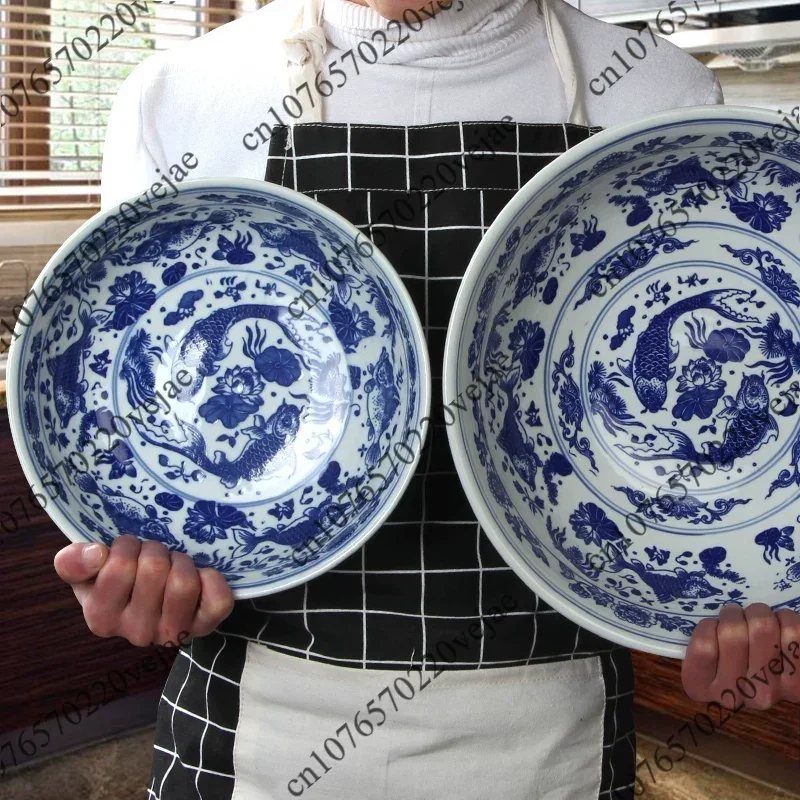 Blue and White Porcelain Ceramic Noodle SoupLarge Super Large Pickled Cabbage Fish Large Bowl and Noodles