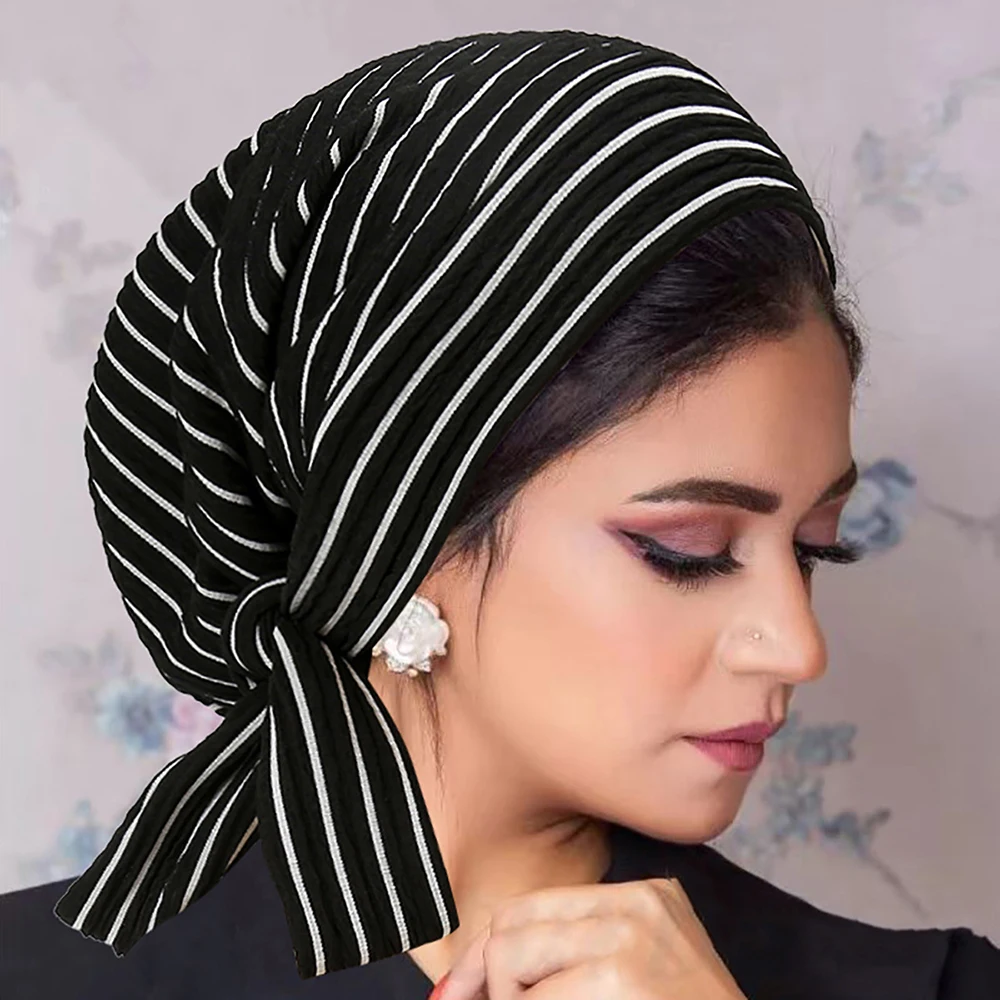 New Stripe Muslim Turban Hat Abaya Hijabs For Woman Islamic Underscarf Back Tie Abayas Jersey Turbans Instant Head Wrap Caps