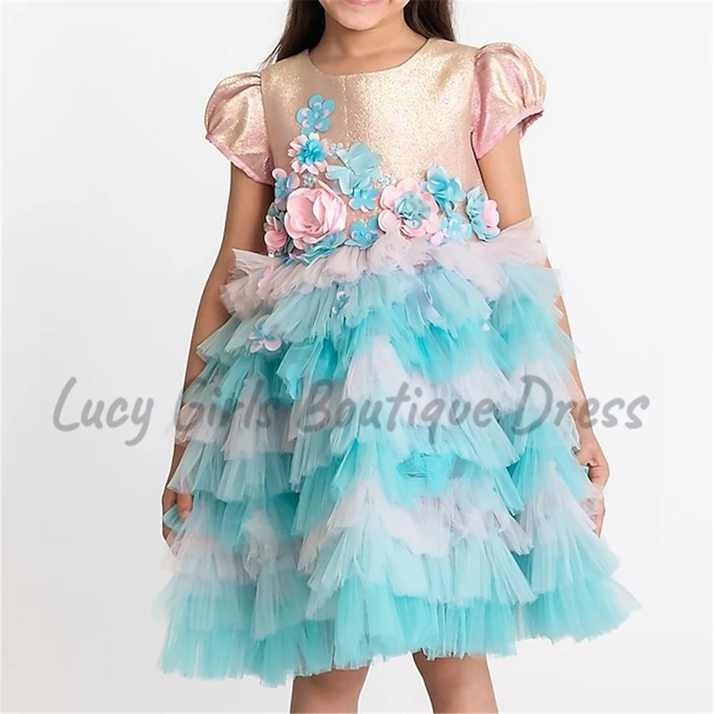 Elegant Rainbow Flower Girls Dress Applique Delamination Tulle Sleeves Wedding Dresses Party Kids Birthday First Communion Gowns