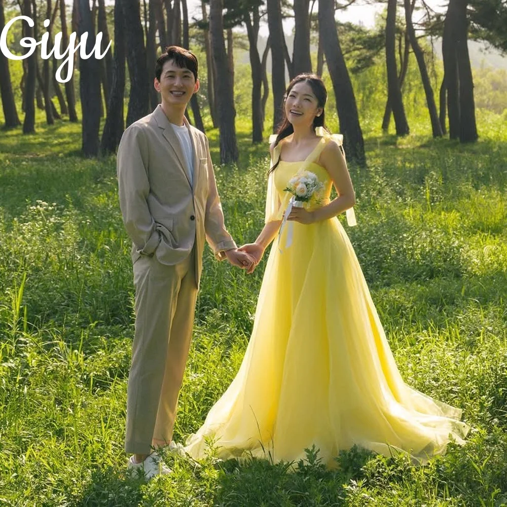 

Giyu Fairy Yellow New Wedding Party Dress Spaghetti Strap Pleat Korea Photoshoot 웨딩드레스 Floor-length Prom Gown Customized