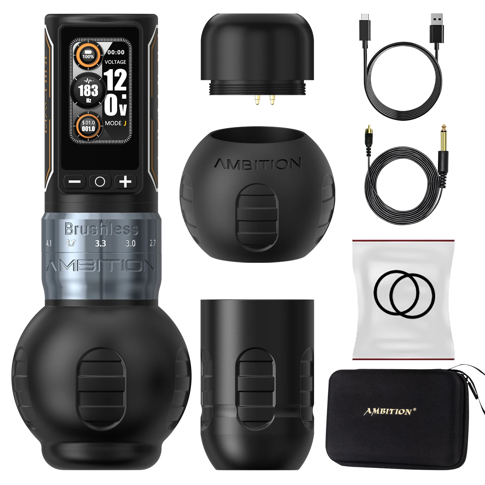 Ambitie Ninja Max 280 draadloze tattoo-machine 2,4 mm-4,5 mm verstelbare slag 54 mm + 34 mm grip borstelloze motor 2400 mAh batterijpen