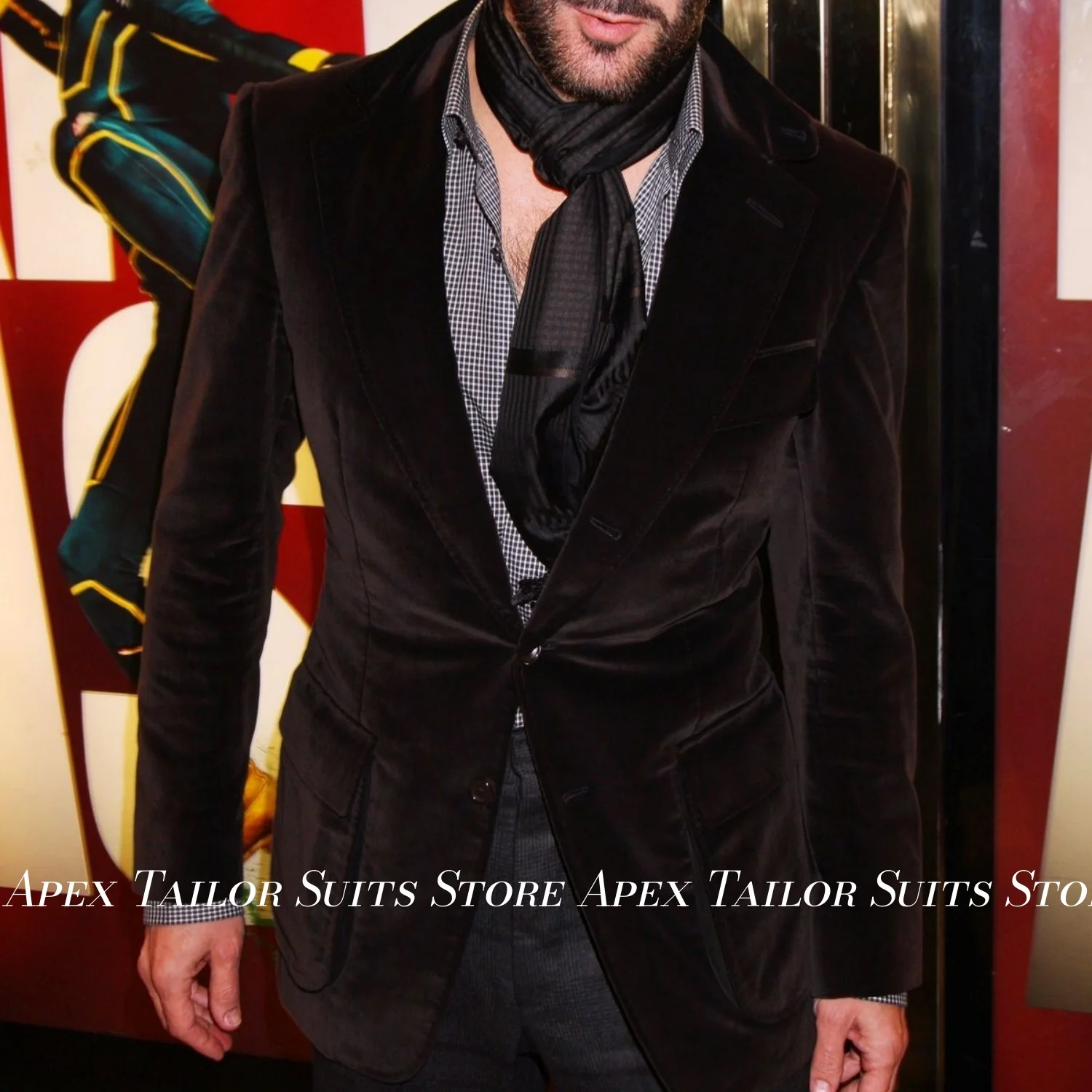 Velvet Men Blazer Dark Brown Notched Lapel Single Button Slim Fit Suit Jacket Business Casual Gentleman Party Outerwear