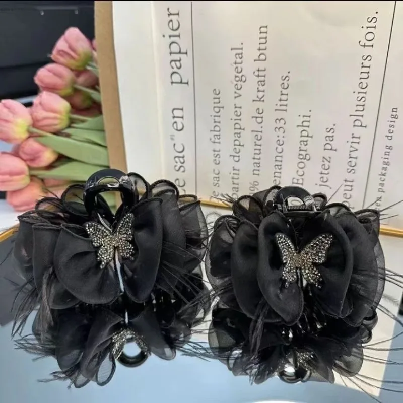 Fashion Black Butterfly Hairpin Hair Accessories for Women Retro Elegant Mesh Feather Grab Clip Headwear Girl Jewelry Tiara Gift