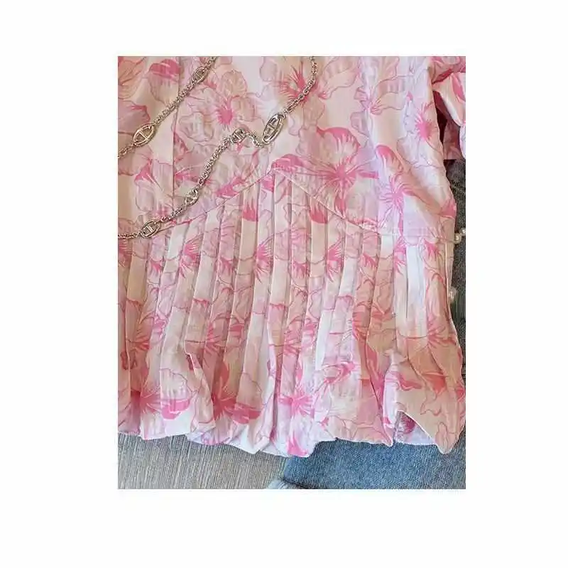 

French Square Collar Pink Floral Chiffon irt Women Gentle Korean Sle Straight Cut Knot ort Sve Warmth