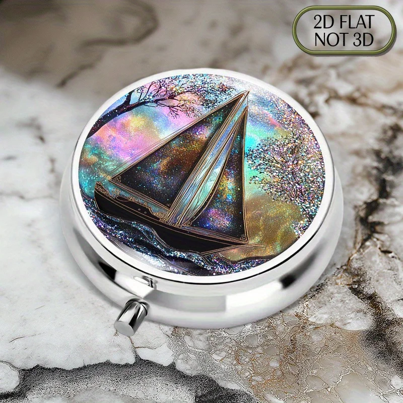 (Flat) 1 portable round metal pill box, adorned with an attractive nautical sailing ship silhouette pattern, is perfect for travel storage and daily use, making it an ideal choice for storing medication, vitamins, accessories, or coins. This multifunctional pill box features a flat design