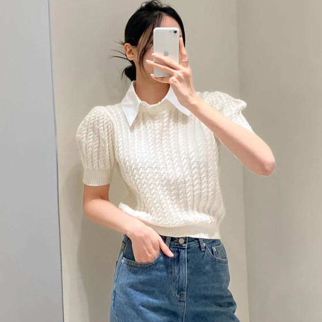 Korean Vintage Knitted Sweater Tshirt Women Fake Two Pieces Puff Short Sleeve Turn-down Collar Tees Tops Workwear Fashion Jumper