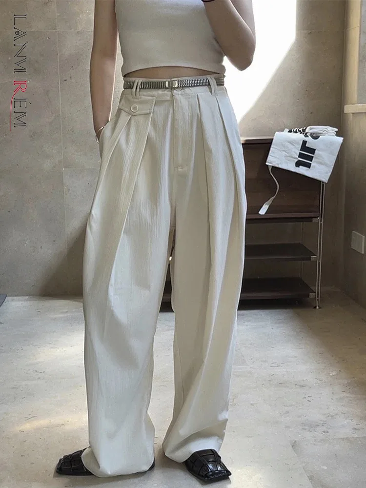 

[LANMREM] Wide Leg Casual Pants For Women Korean Fashion Designer Style Fold High Waist Loose Trousers Clothes 2025 Spring New