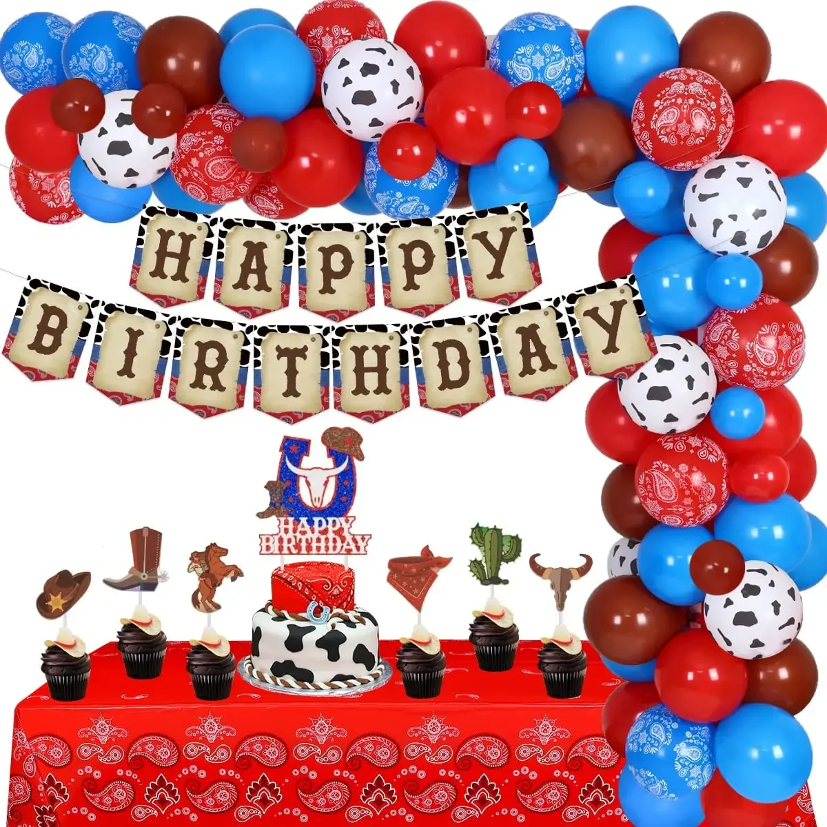 Funmemoir Retro Cowboy Birthday Decorations Blue Red Western Balloons Horse Banner Cake Topper Kit for Boy Birthday Party Decor