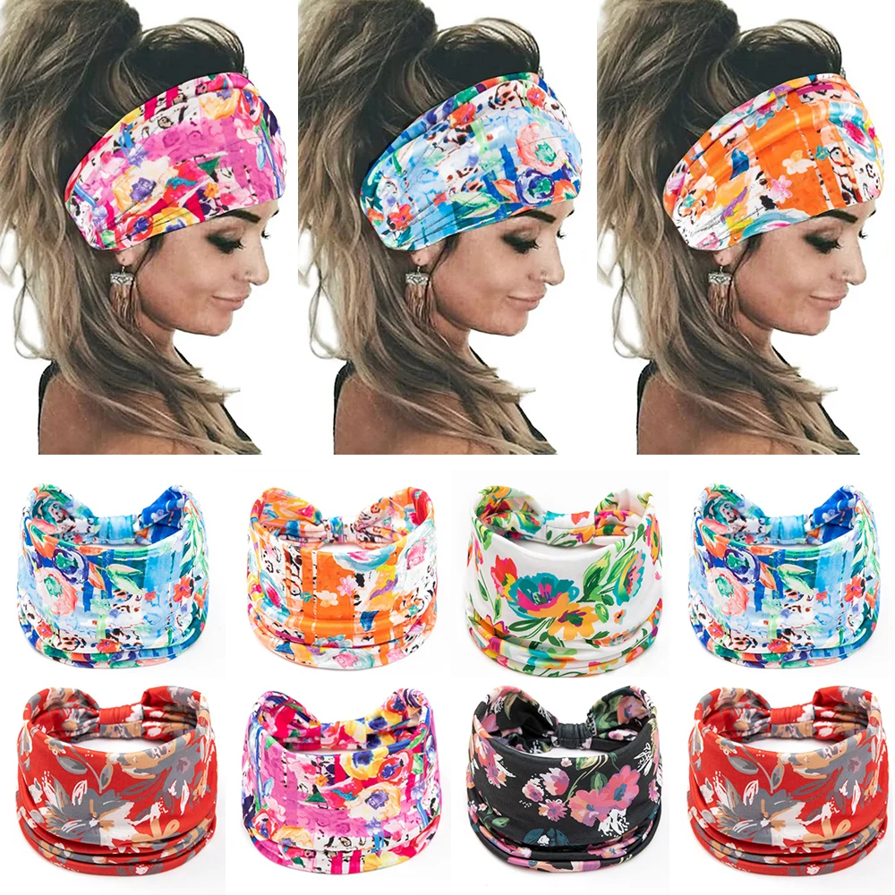 

New Boho Floral Wide Headbands Vintage Knot Elastic Turban Headwrap for Women Girls Cotton Bandana Headbands Hair Accessories