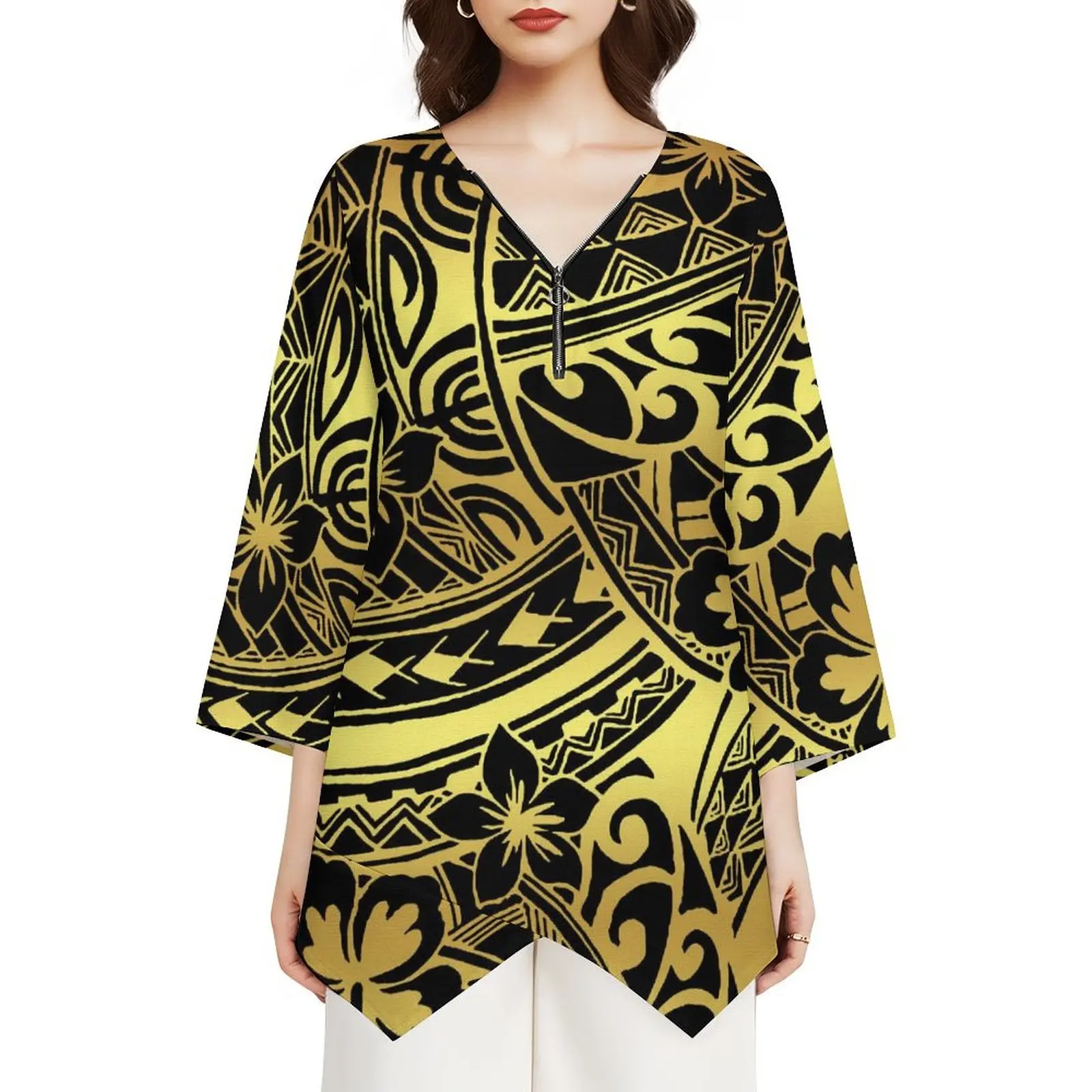 Samoa Fiji Islands Women Long Sleeve Top Custom Floral Print Fashion Polynesian Style Women V-Neck Irregular Hem T-Shirt