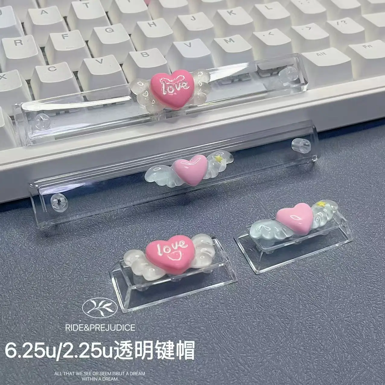 Śliczne Angel Wings Keycap 6.25u Spacja Gra Cross Axis Mechaniczna dekoracja klawiatury Przezroczysta różowa kokardka Keycap — zdjęcie produktu 6