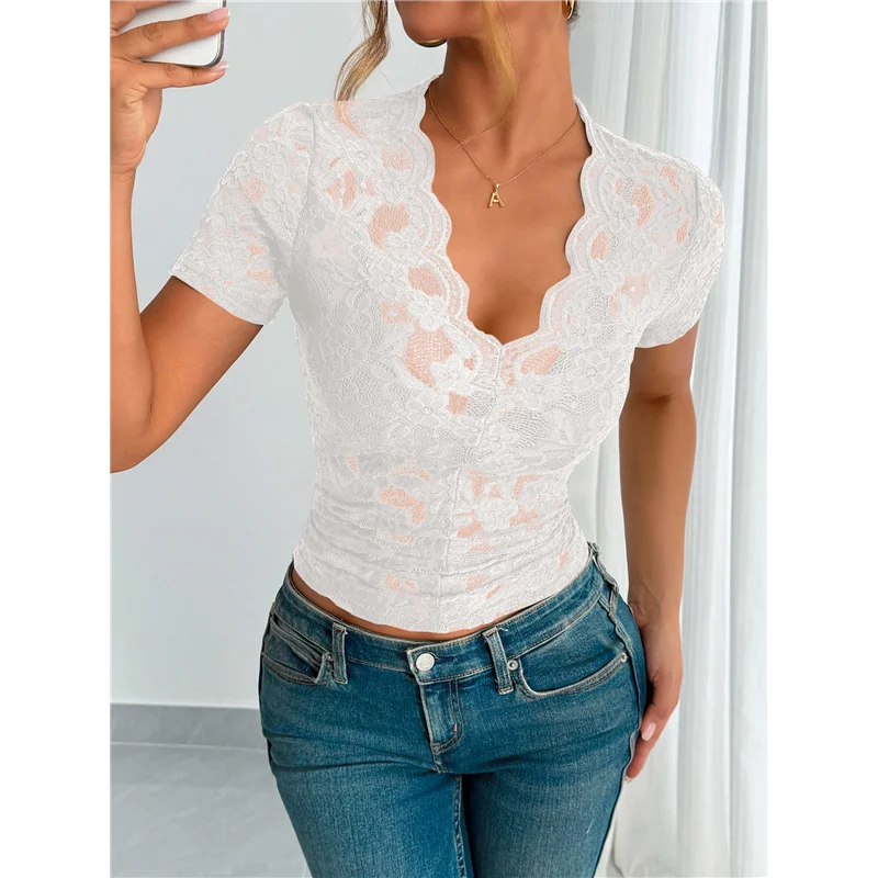 Mesh-Top für Damen, kurzärmelig, Rundhalsausschnitt, tailliertes Oberteil, solide T-Shirts mit floraler Spitze, durchsichtige Blusen mit V-Ausschnitt