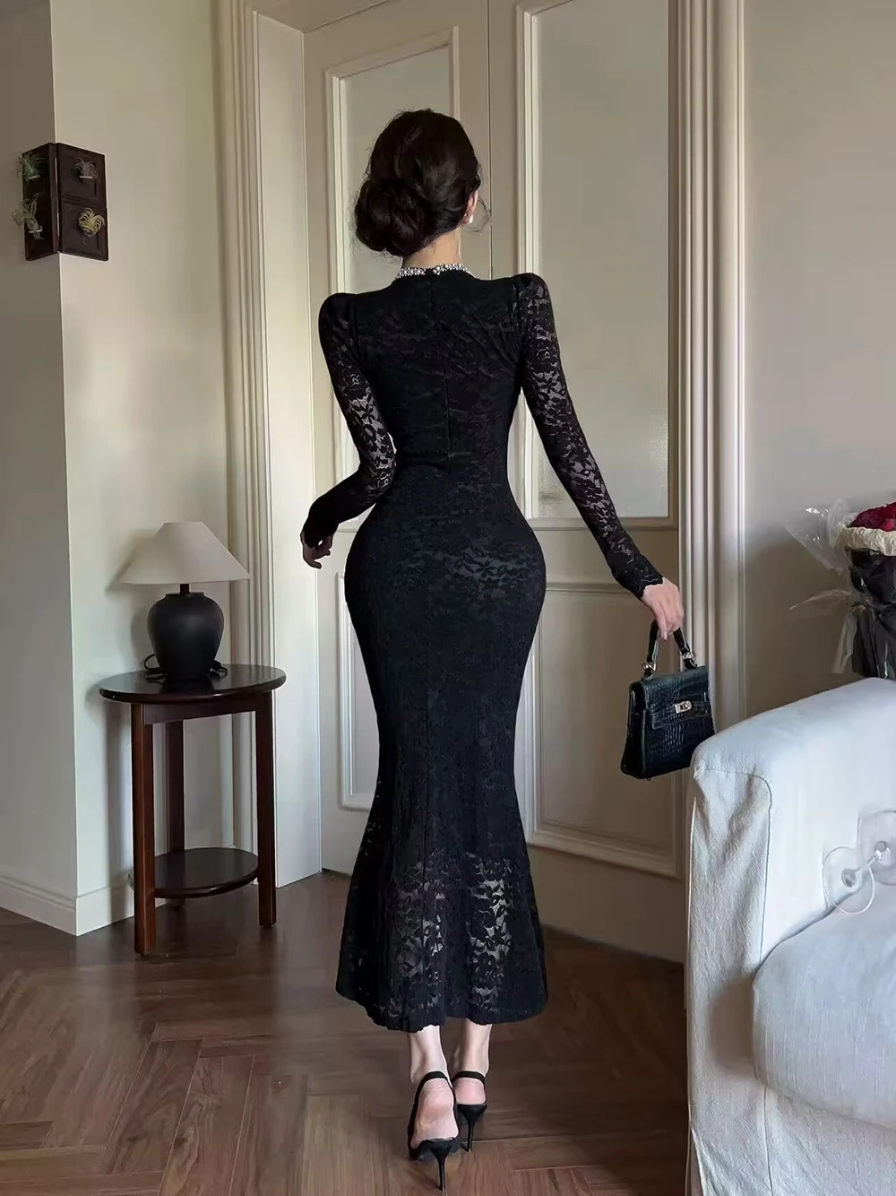 Coreano primavera elegante feminino rendas magro sereia vestido mujer luxo grânulo gola quadrada manga longa bodycon vestidos