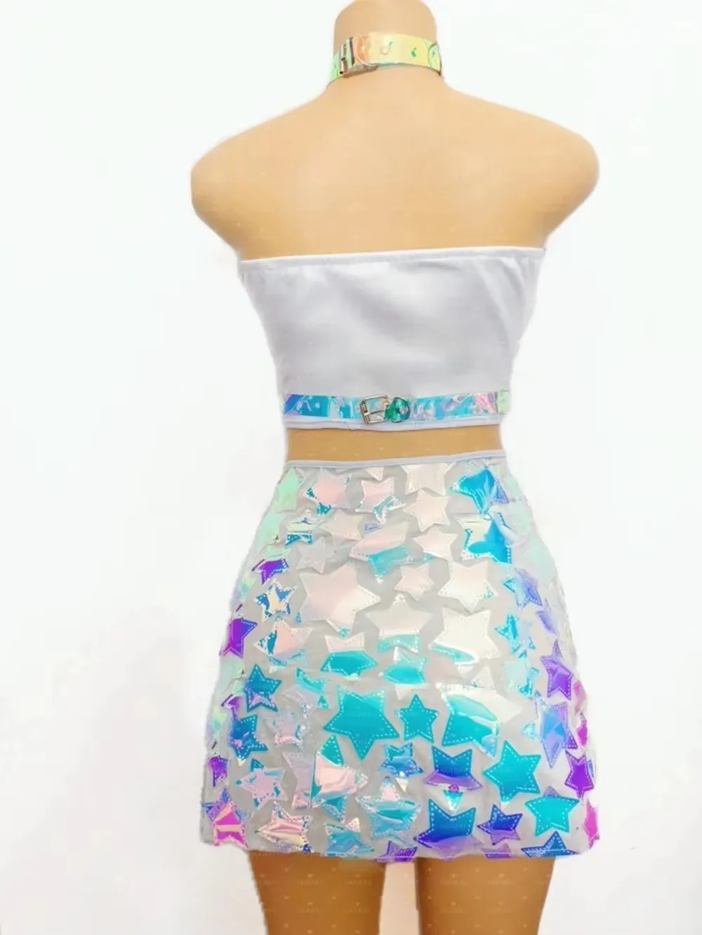 أزياء مثير ملون الترتر المرأة المحاصيل الأعلى وتنورة صغيرة مجموعة هالوين مهرجان حزب الجاز الرقص المغني مرحلة الأداء